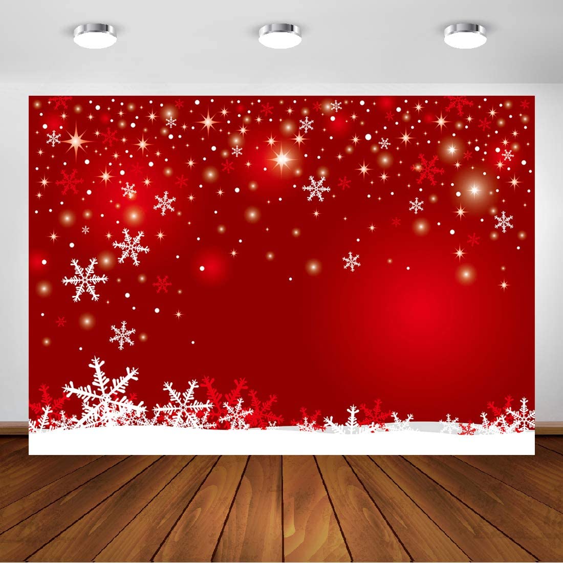 Fond Photo Noël Flocons De Neige - 7x5 Pieds (2.2x1.5m), Polyester, Motif Bokeh Rouge, Pour Studio Et Fêtes - 2