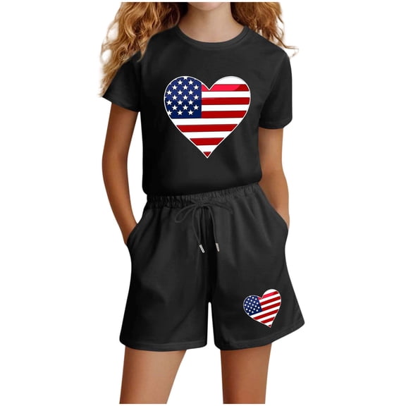 SELONE Girls Summer Sets 2 Piece 4th of July Big Kids Clothing Short Sleeve Shirts and Shorts Patriotic Graphic Outfits