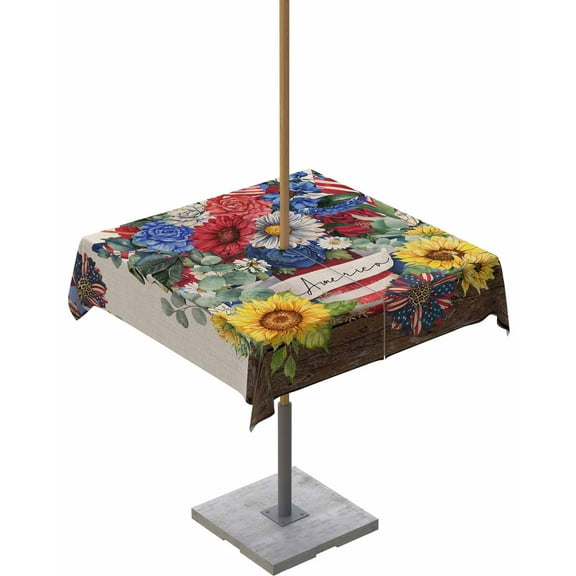 nqOlkjepod 4th of July Outdoor Tablecloth with Umbrella Hole & Zipper, Independence Day Sunflower Vintage Square Table Cover 54x54 Inch, Dining Waterproof Table Cloth Protector for Patio/Party