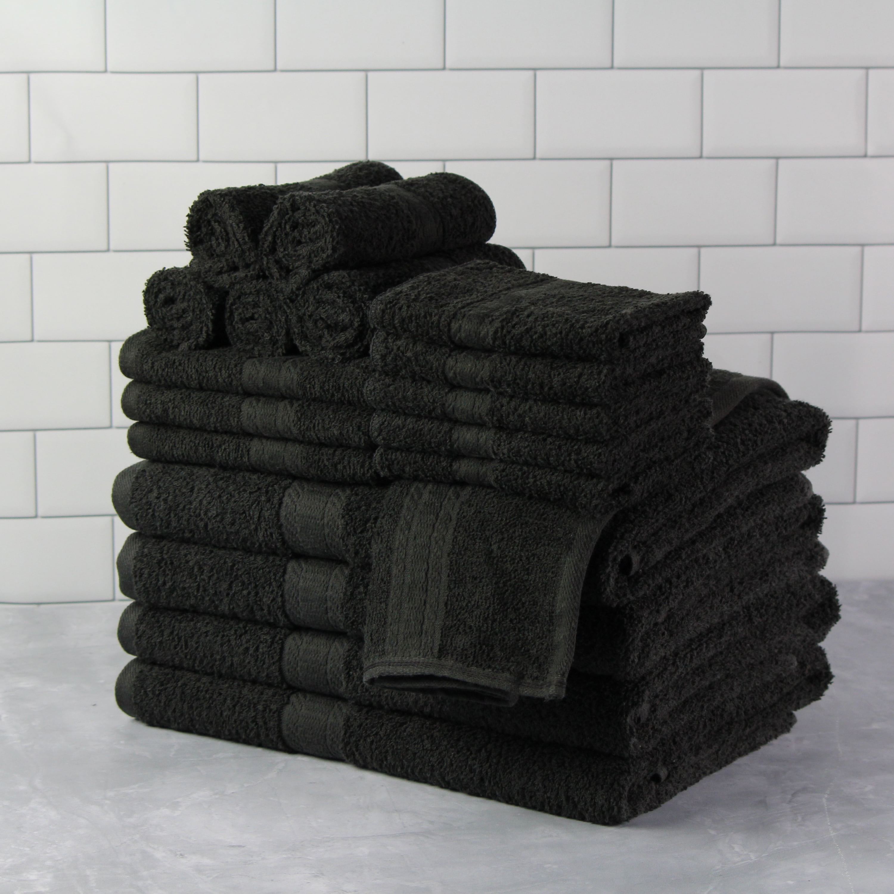 Mainstays 18 Piece 100 Cotton Towel Set 4 Bath 4 Hand and 10 Washcloths Super Soft and Highly Absorbent Basic Solid Towel Set for Bathroom Hotels Spa and Gym Black Walmart