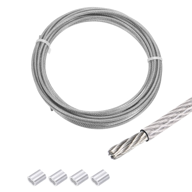 Uxcell Wire Rope 16Ft 304 Stainless Steel 1/8" with 4Pcs Sleeve Transparent