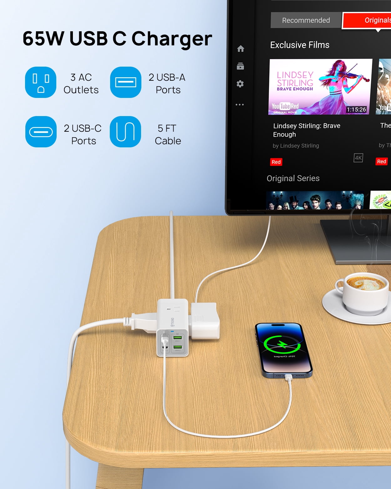 TROND USB C Charger Power Strip, Fast Charging Station, Desktop Fast Charger, 2 Type-C, 2 USB-A, 3 AC Outle, 65W GaN3 Fast Wall Charger Compatible with MacBook Laptops iPhone Samsung iPad White