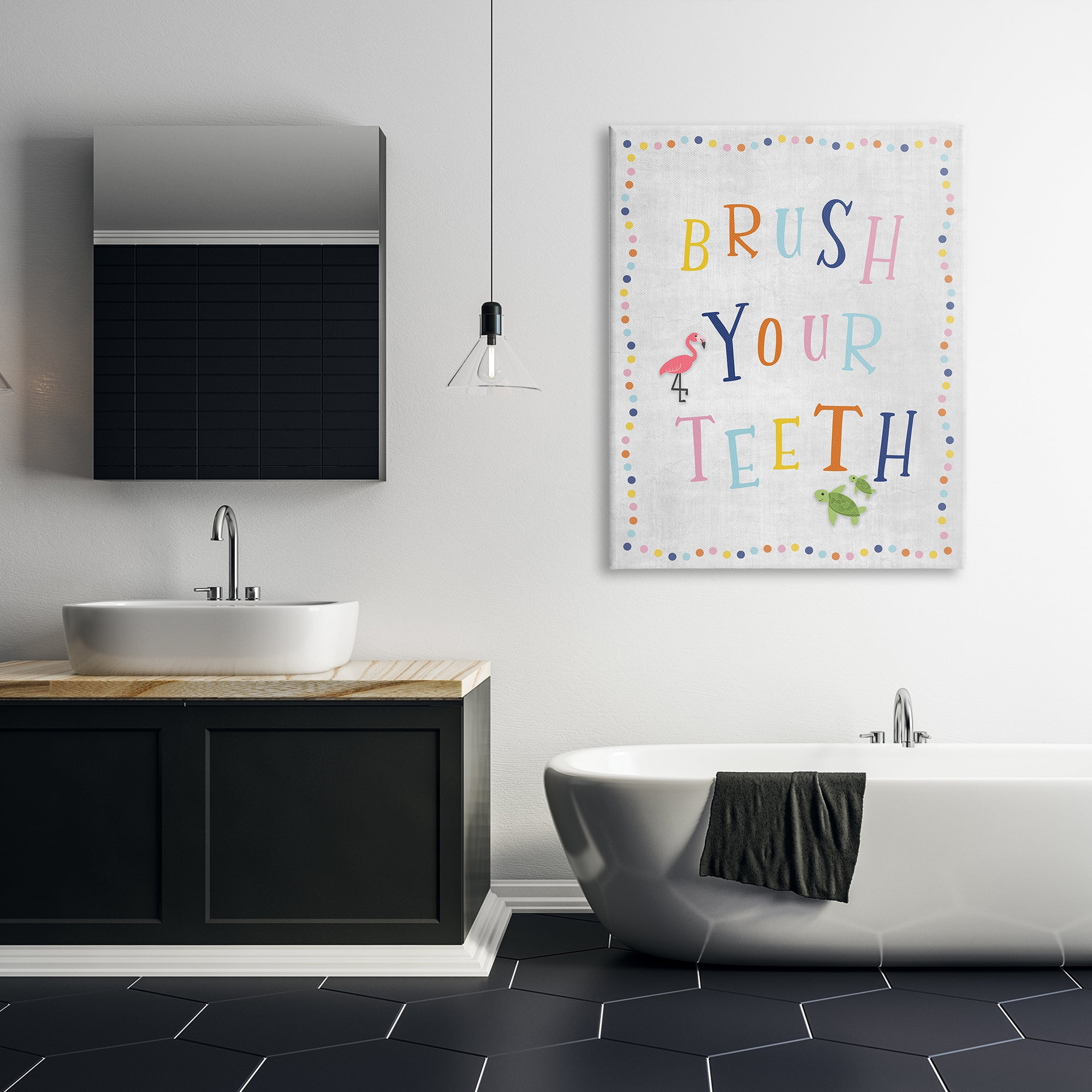Stupell Industries Brush Your Teeth Bathroom Sign Playful Flamingo Turtle Typography Painting Gallery Wrapped Canvas Print Wall Art, 36 x 48