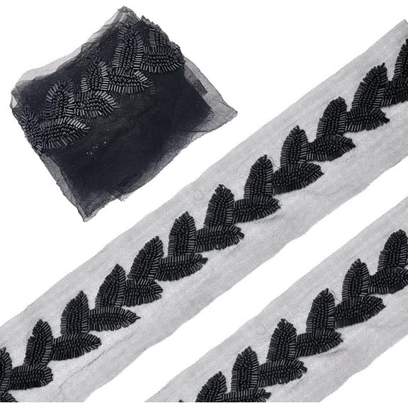 2 Yards Beaded Lace Trim Black Beaded Leaf Applique Ribbon 40mm Lace Mesh Ribbon Glass Bead Trim for Clothing Sewing Crafts Curtain Dance Skirt Decoration Accessories Black