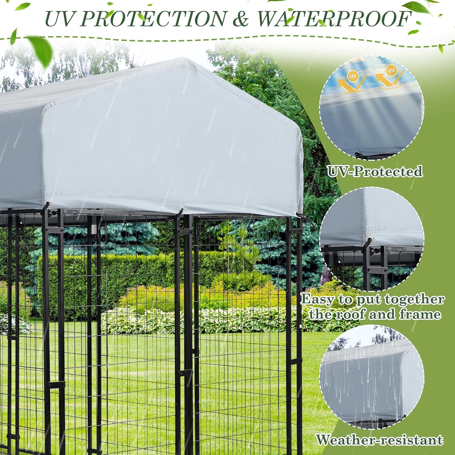 Haverchair 8x4x6 FT Outdoor Dog Kennel with Roof, Heavy Duty Dog Cage for Large Dogs, Outside Dog Enclosure with 2 Rotating Dog Bowls, Welded Wire Steel Dog Run Playpen Fence with Secure Lock
