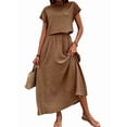 thumbnail image 3 of Women 2 Piece Outfits Skirt Set Summer Casual Cap Sleeve Crop Tops Maxi Dress Sets with Pockets Dark Brown L, 3 of 9