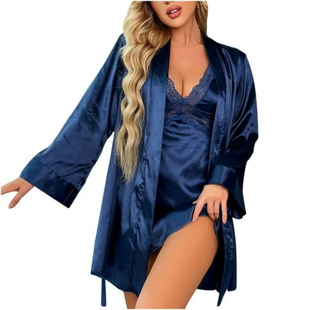 

Women Pajamas Set Ladies Lace Satin Kimono Cardigan Sling Nightdress Nightgown Suit Girls Teddy Babydoll Homewear