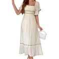 thumbnail image 2 of Robe Midi à Manches Courtes pour Femmes, Encolure Carrée, Couleur Contrastante, Décontractée, Rick Rack, Robes Smockées L, 2 of 7