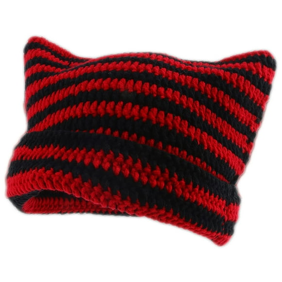 Cat Beanie Crochet Hats with Ears Knitted Striped Winter Warm Elastic Cap, Black and Red