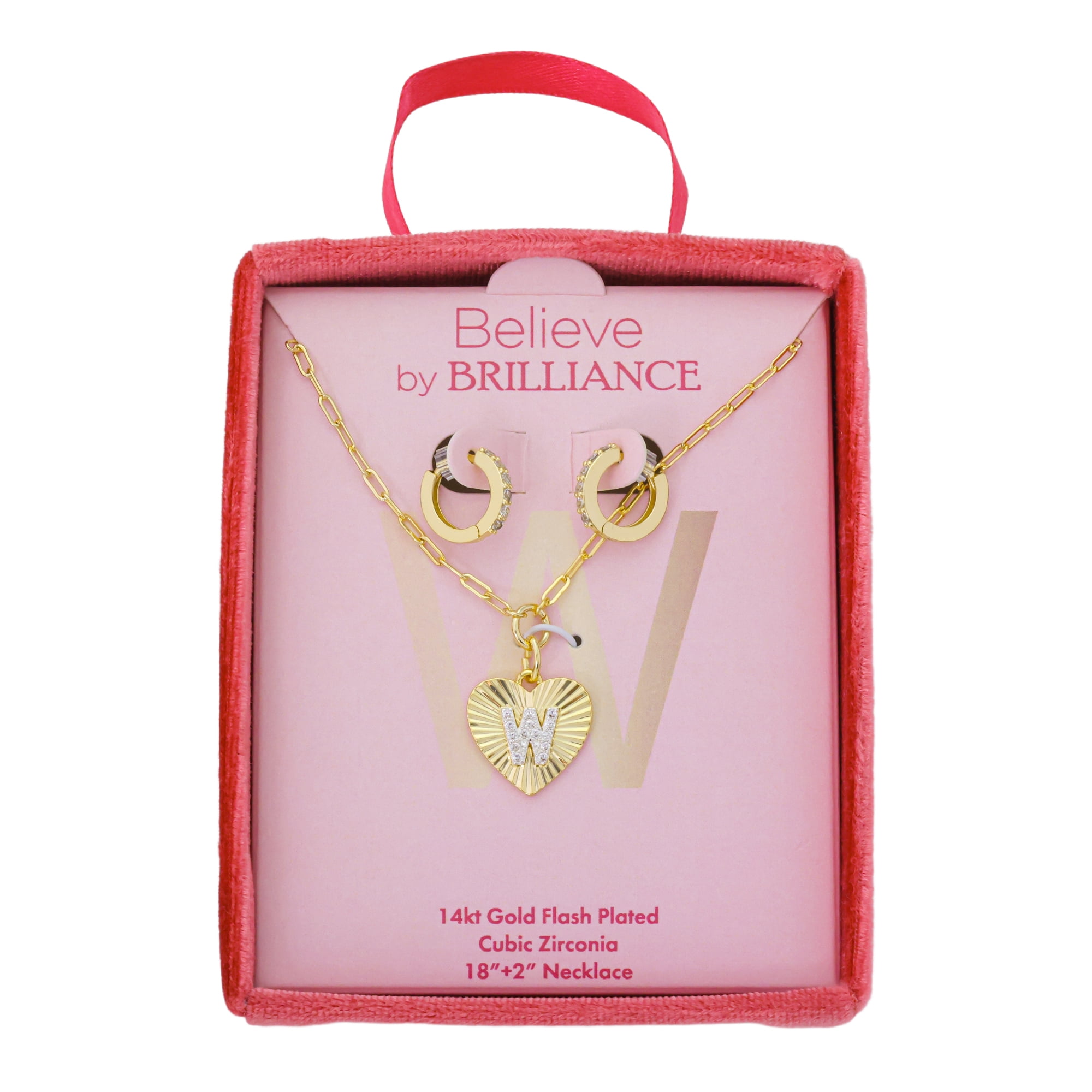 Believe by Brilliance Women's 14Kt Gold Flash Plated Cubic Zirconia Initial W Heart Pendant Necklace and Hoop Earring Set, 18+2"