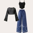 thumbnail image 4 of FYDUU Girl's 3 Piece Outfits Hollow Out Long Sleeve T Shirt Cami Top And Wide Leg Jeans Denim Pants Sets Trendy Teen Girls School Outfit 12-13 Years, 4 of 9