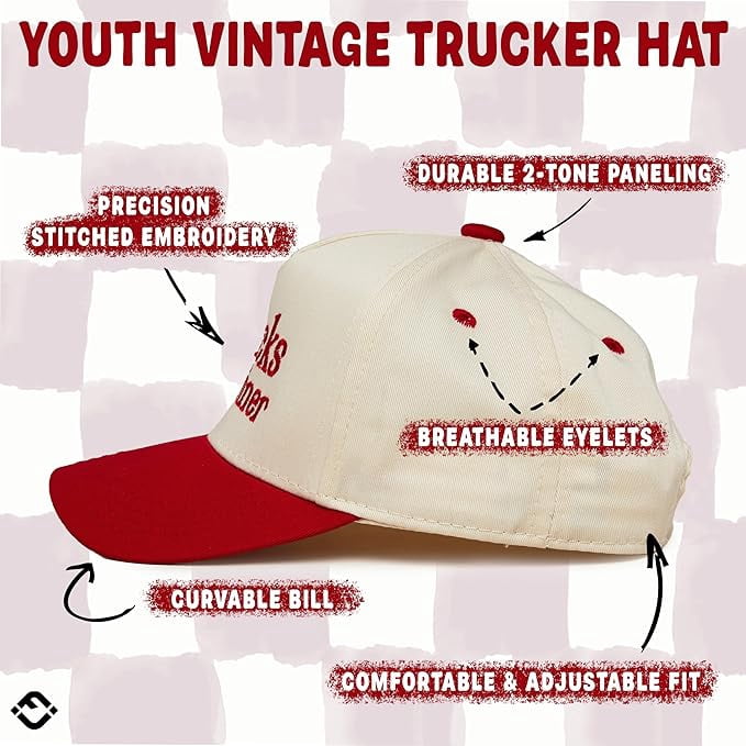 Funky Junque Kids Trucker Hat Baseball Cap - Two Tone Vintage Baby Baseball Cap, Infant Baseball Hat, Toddler Snapback Hat - Snacks for Dinner - Red/Beige