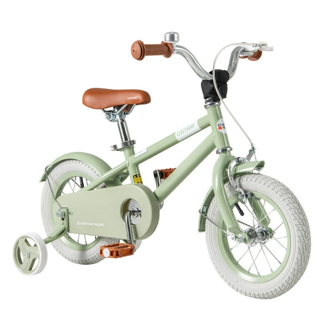 Costway Vélo pour Enfants 12 Pouces avec Selle et Guidon Ajustables, Roues Stabilisatrices Amovibles, Frein à Main, Vert