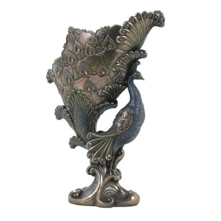 Bronze Peacock - 11.5 Inch Bronze Hue Color Blue Green Peacock Votive Candleholder