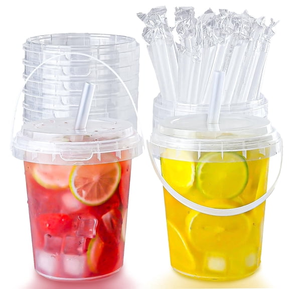 Haundry 34 fl oz Disposable Reusable with Lids and Straws Plastic Tumblers, Set of 15