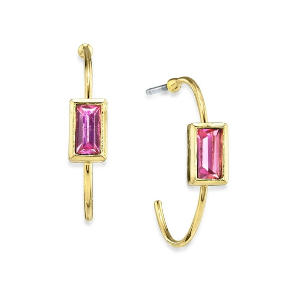 1928 Jewelry 14K Gold Dipped Square Crystal Open Hoop Stainless Steel Post Earrings (Pink)