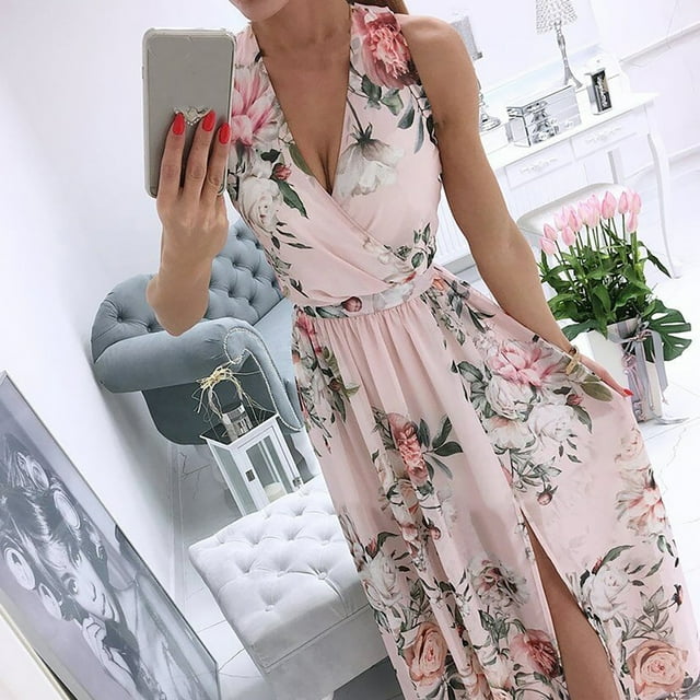 HKEJIAOI Robes de Cocktail Cadeau d'Anniversaire Mode Féminine Décontractée Angleterre Ample Sans Manches Imprimé Col en V Longueur au Sol Robe Soldes Liquidation Rose