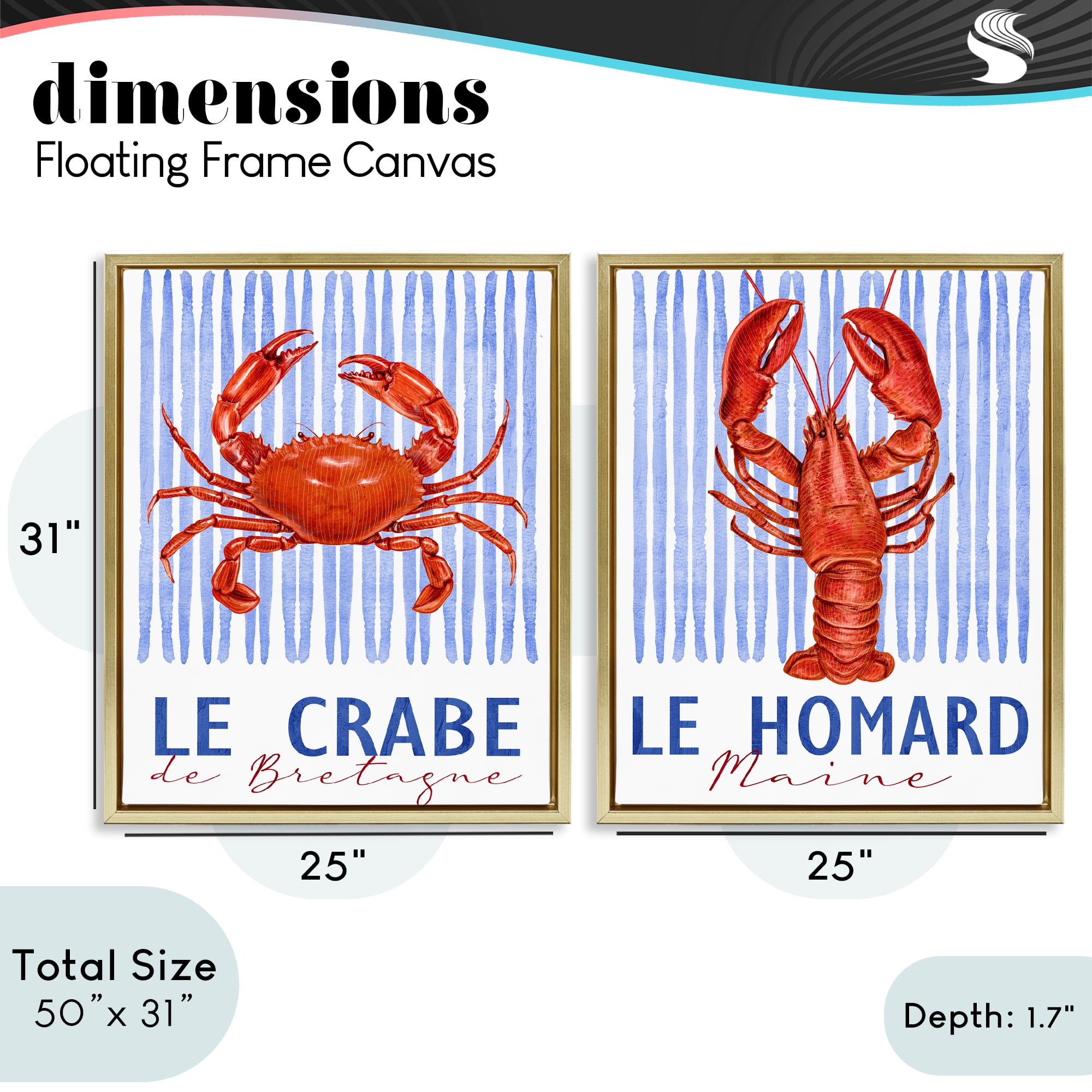 Stupell Industries Nautical Stripes Sea Creatures 2 Piece Gold Framed Floater Canvas Set, design by Kim Allen