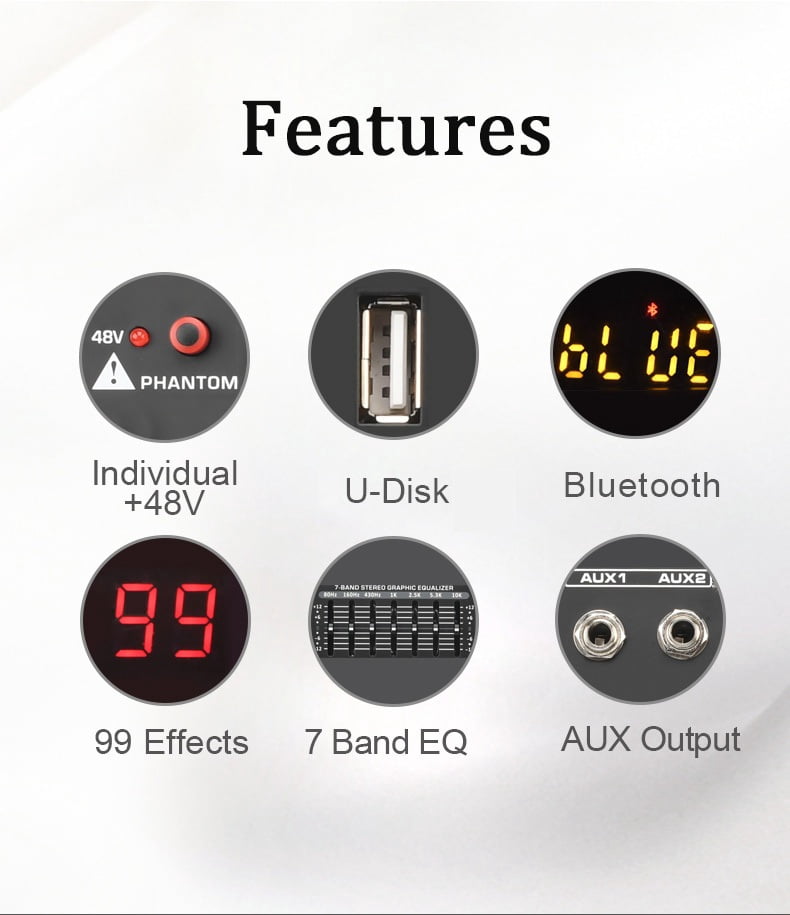 6 Channel DJ Mixer Individual 48V 2 AUX Output Mixing Console 7 Band EQ 99 Effect USB Bluetooth