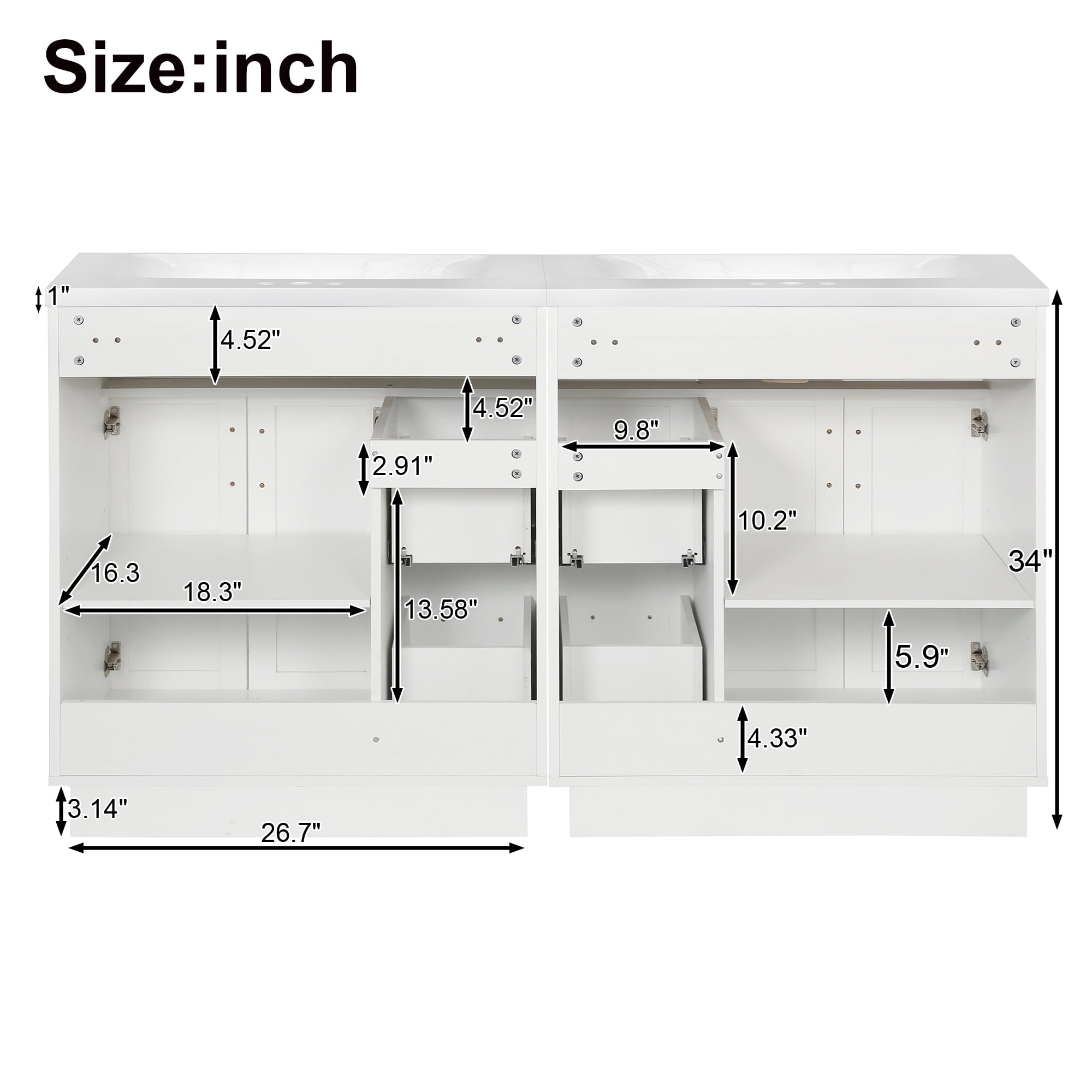 Harper & Bright Designs 60 inch Double Sink Bathroom Vanity, Free Standing Basin Vanity Set with 4 Cabinet Doors, 4 Drawers, 2 Adjustable Shelves, Hidden Soft-Close Drawers & Soft-Close Hinges, White