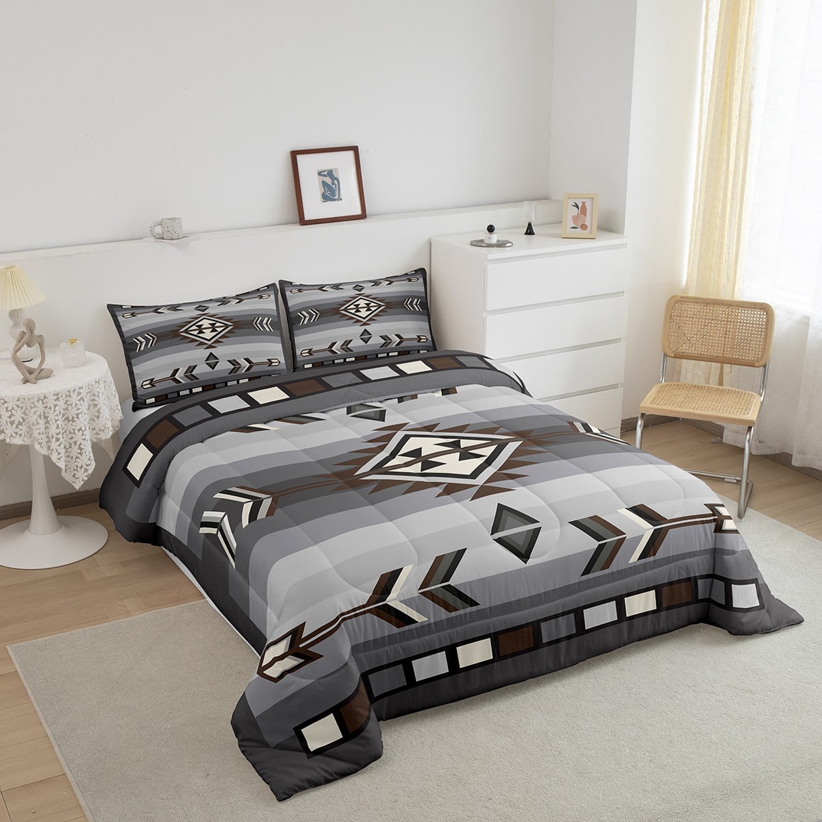 Rustic Western Queen Comforter Set American Southwestern Bedding Set For Boys Men Bohemian Aztec Quilt Bedding Sets Exotic Tribal Bed Set Brown Grey Farmhouse Decor 3 Pcs