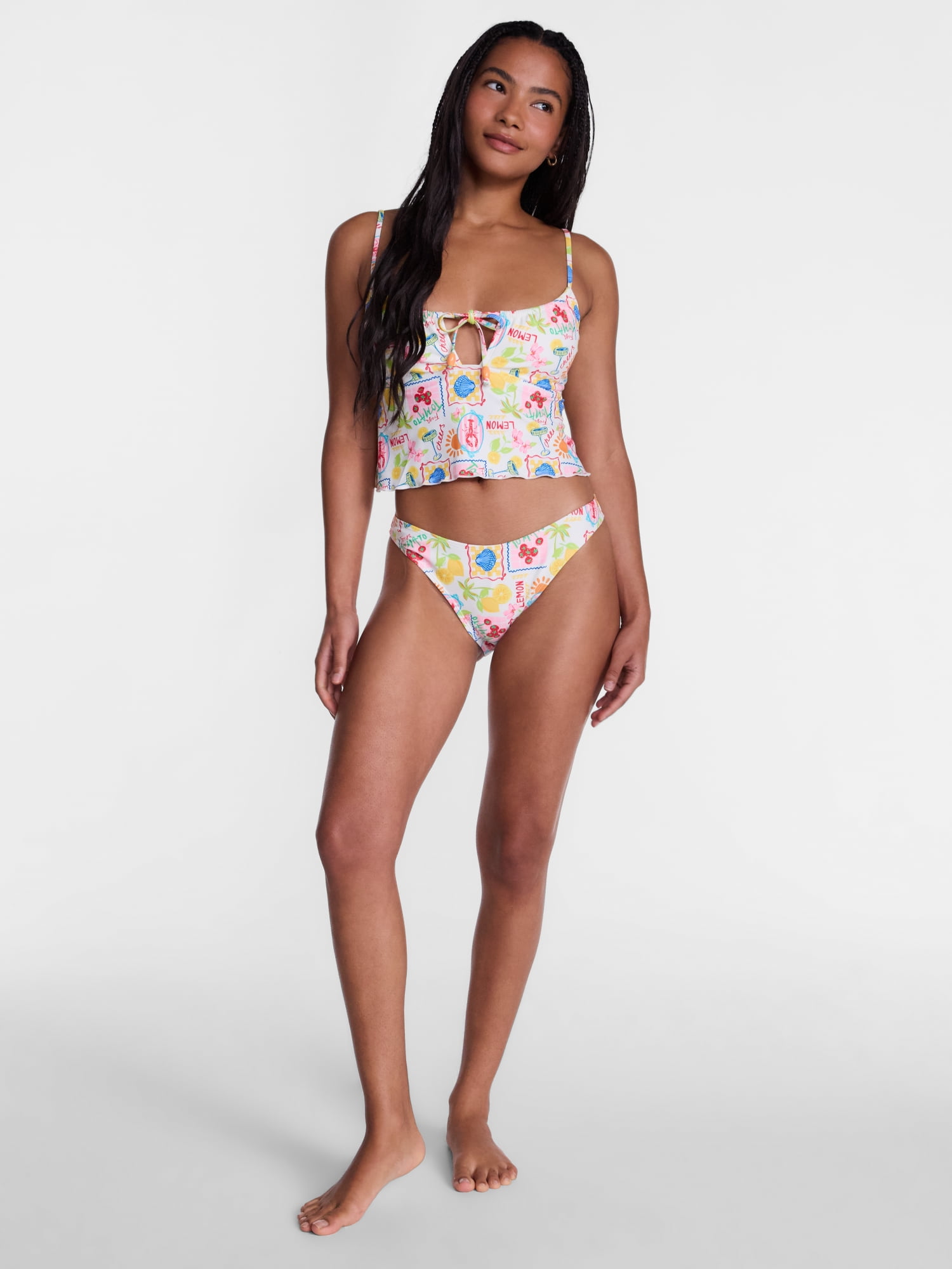 No Boundaries Multi Fruit Print High Leg Bikini Swim Bottoms, Women's XXS-XXL