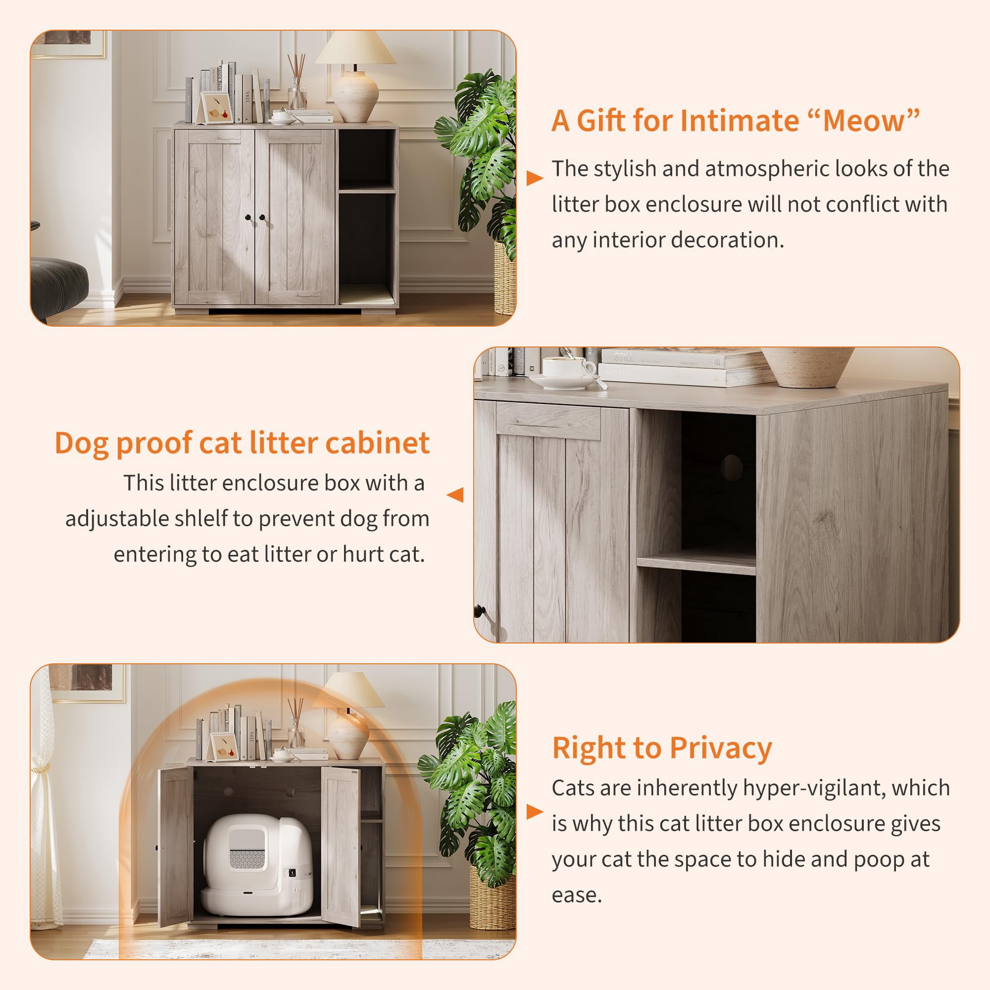 Kicctian Hidden Cat Litter Box Enclosure with Litter Collector, Large Indoor Cat House Cabinet, Self-Cleaning Compatible Cat Furniture, Grey