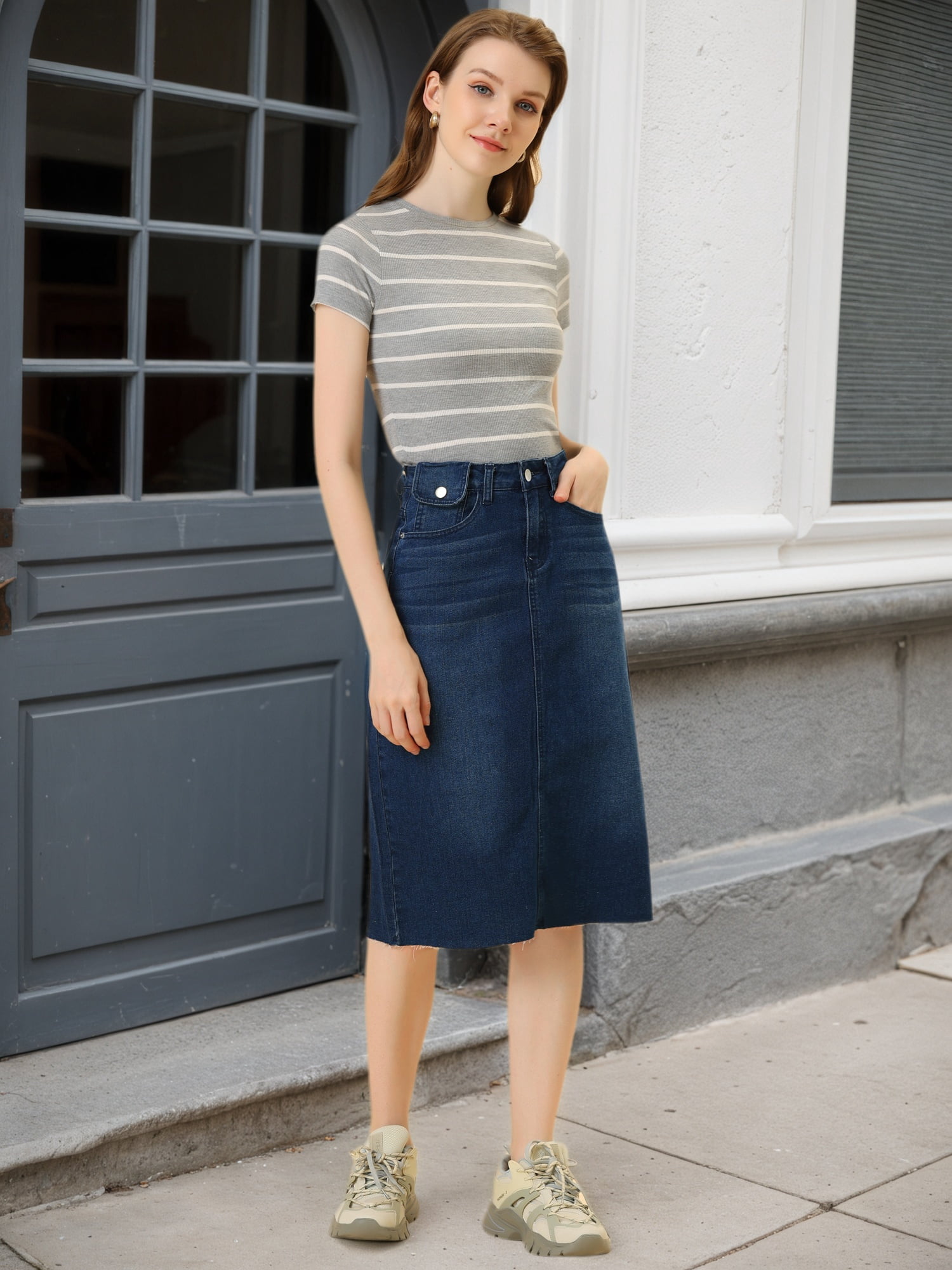 DARING DIVA Women's Jean Back Vent Midi Length Denim Skirts XL Dark Blue