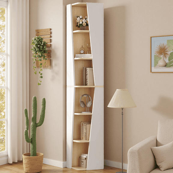IRONCK 71" Tall Narrow Bookcase, 6 Tier Corner Bookshelf, Cube Storage Display Shelf for Home Office, Natural
