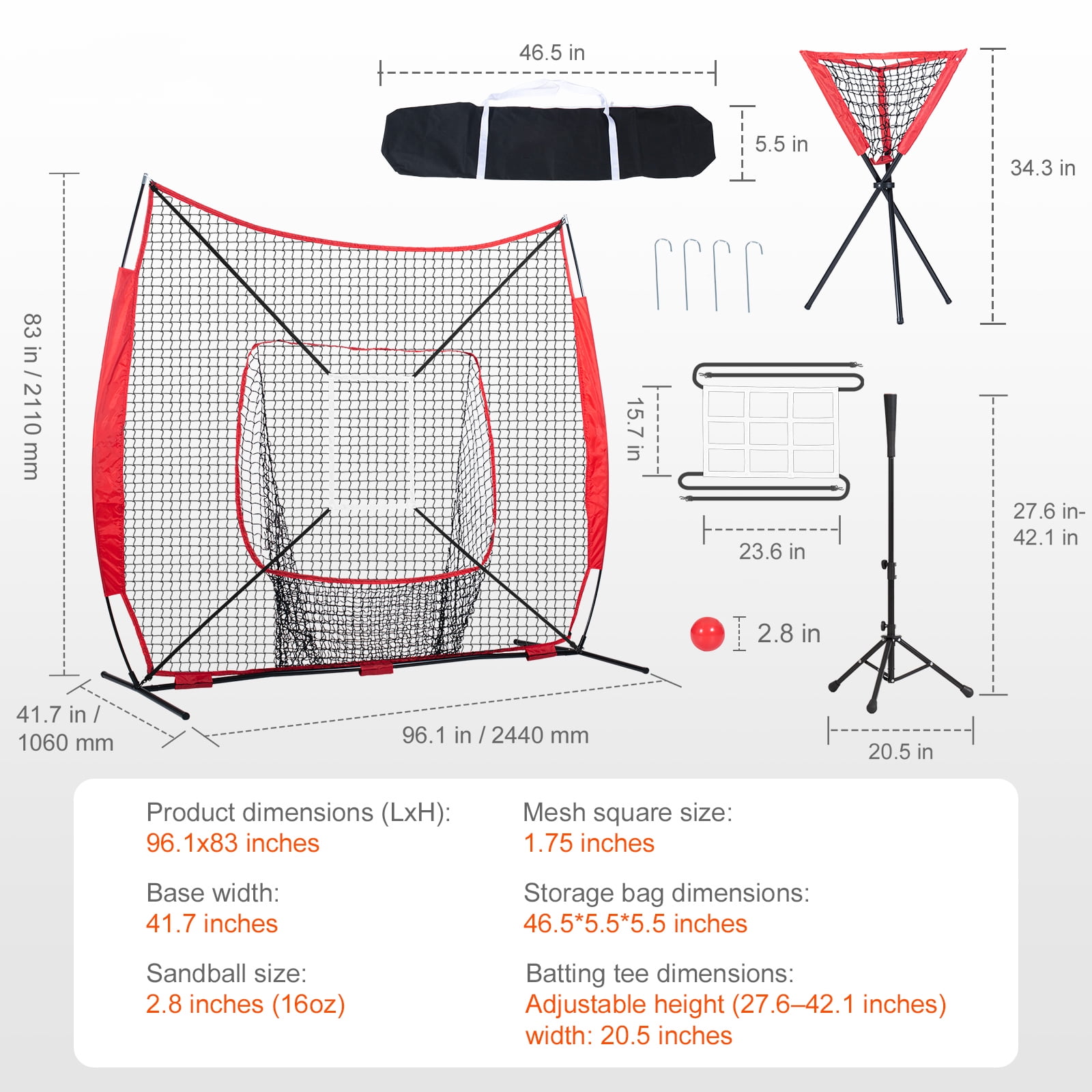 KFFKFF 7x7 ft Baseball & Softball Practice Net for Batting, Catching, and Pitching, Baseball Hit Net with Arc Frame, Transport Bag, Strike Zone, Sphere, Tee, and Ball Gatherer