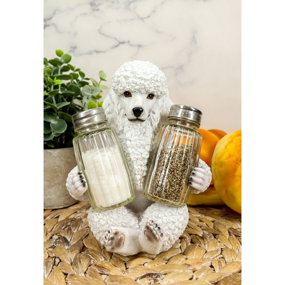 Ebros White French Poodle Puppy Pet Dog Glass Salt And Pepper Shakers Holder Set