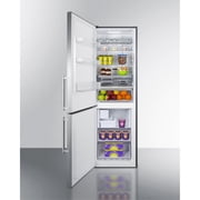 European counter depth bottom freezer refrigerator with stainless steel doors, platinum cabinet, factory installed icemaker, and digital controls for each section