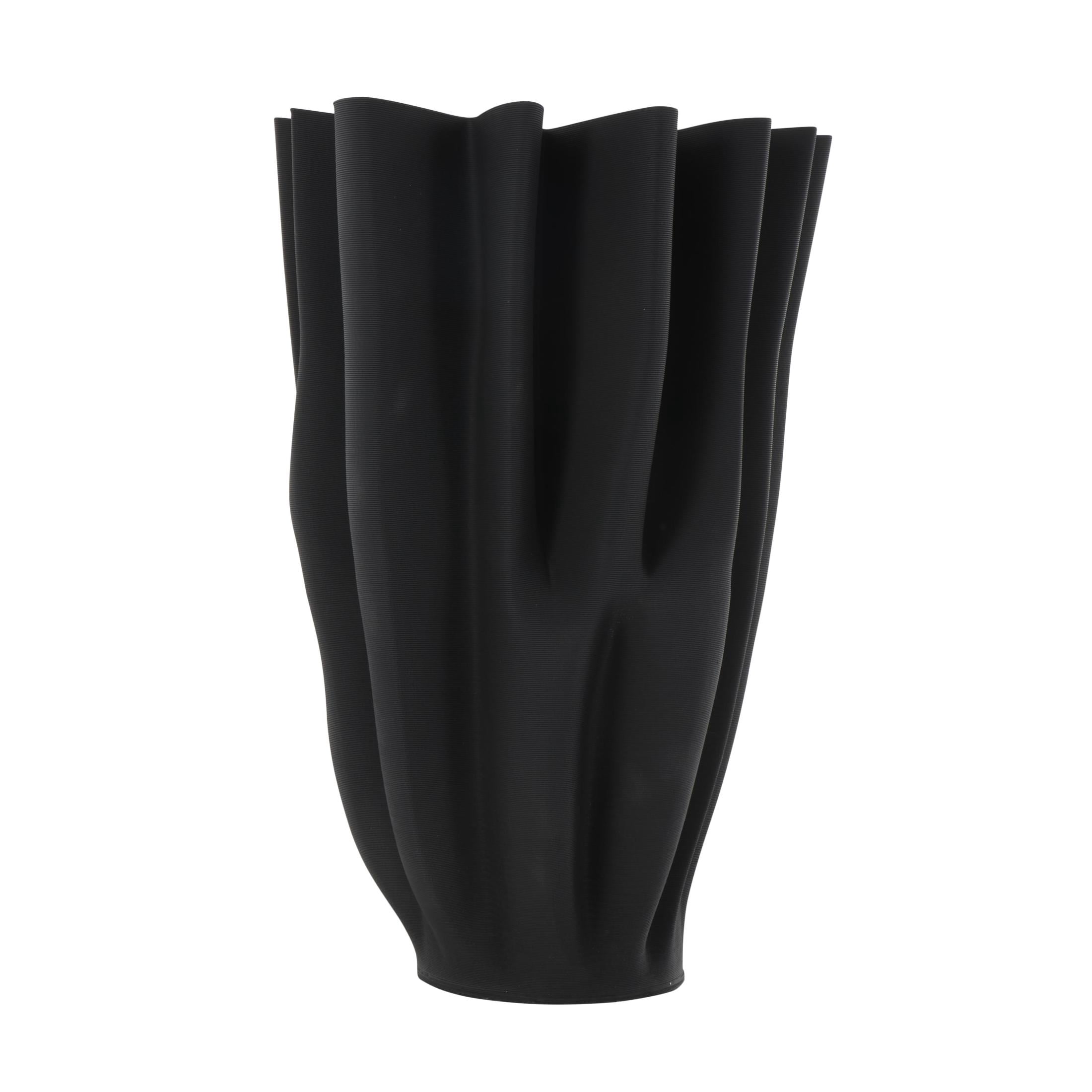 DecMode 15" Abstract Dimensional Ribbed Tulip Black Ceramic Vase with Angular Rim