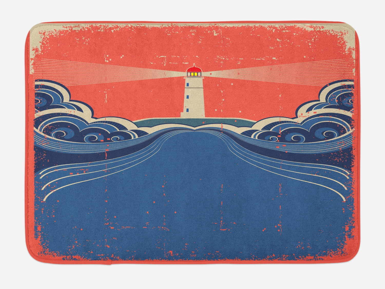 Lighthouse Bath Mat, Grungy Style Lighthouse Art Print Beam Waves Sea