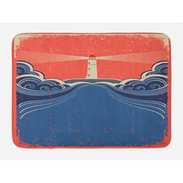 Lighthouse Bath Mat, Grungy Style Lighthouse Art Print Beam Waves Sea ...