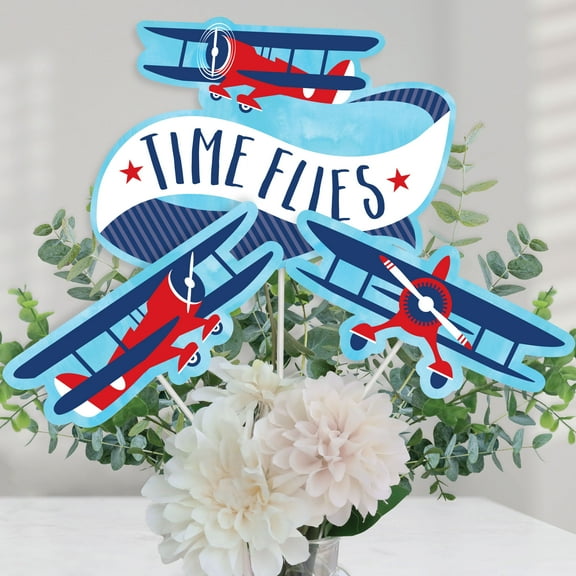 Big Dot of Happiness Taking Flight - Airplane - Vintage Plane Baby Shower or Birthday Party Centerpiece Sticks - Table Toppers - Set of 15