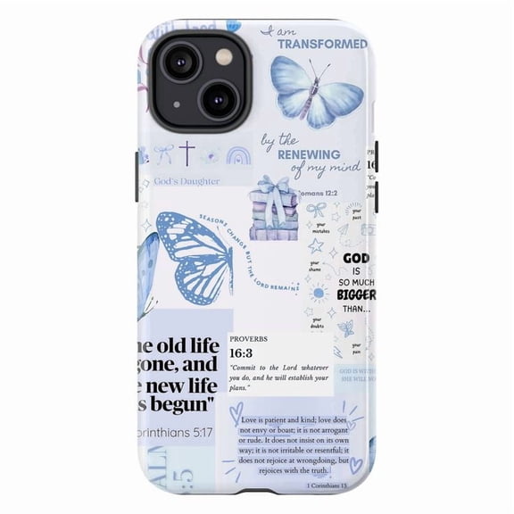 Christian Faith Aesthetic Phone Case, Transformed Bible Verse Blue Butterfly Collage for iPhone 17 16 15 14 13 12 11 Pro Plus Mini