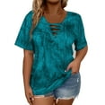 thumbnail image 2 of EchfiProm Plus Size Tops for Womens Elegant Dark Blue Fanshion Tie-Dye Short Sleeve V Neck Loose Blouse, 2 of 6