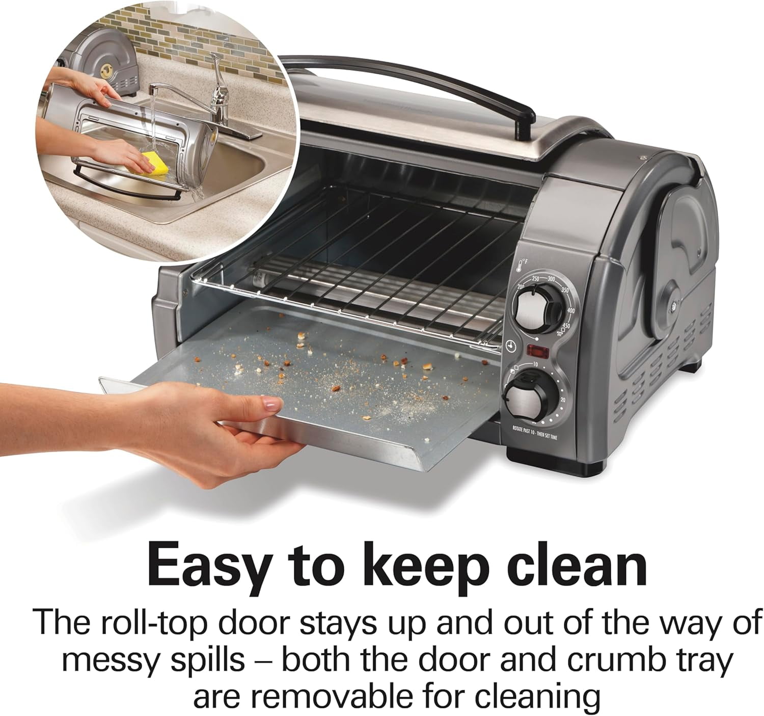 4- Toaster Oven with Roll-Top Door, 1200W, Fits 9" Pizza, Bake Broil Toast