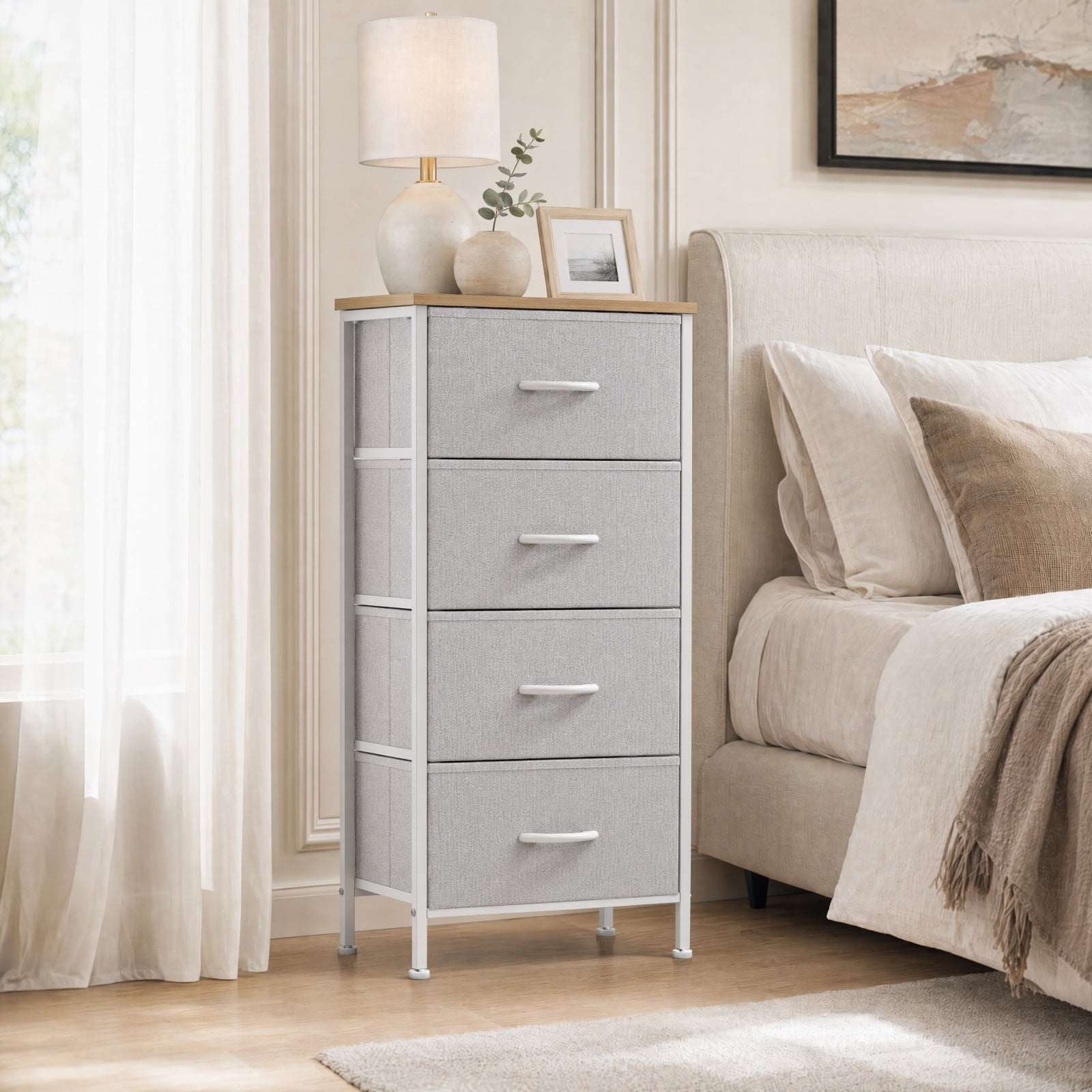 Telyra 4-Drawer Fabric Dresser 37.4" Tall Storage Tower with Wood Top and Steel Frame Narrow Organizer, Light Gray