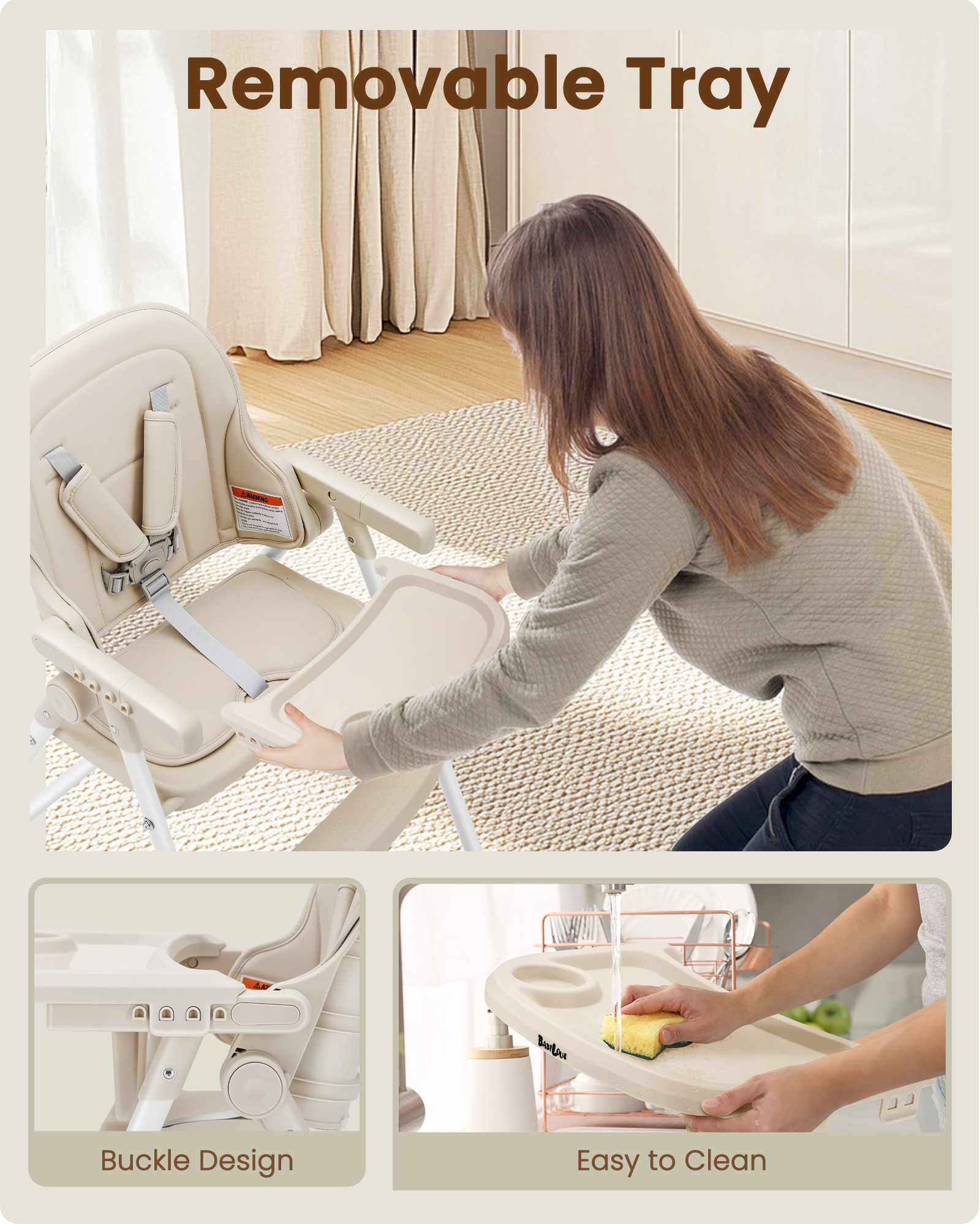 Babilous Foldable High Chair for Babies and Toddlers – Portable, Convertible High Chairs with Adjustable Tray, 5-Point Harness, and Easy-to-Clean Design, Beige
