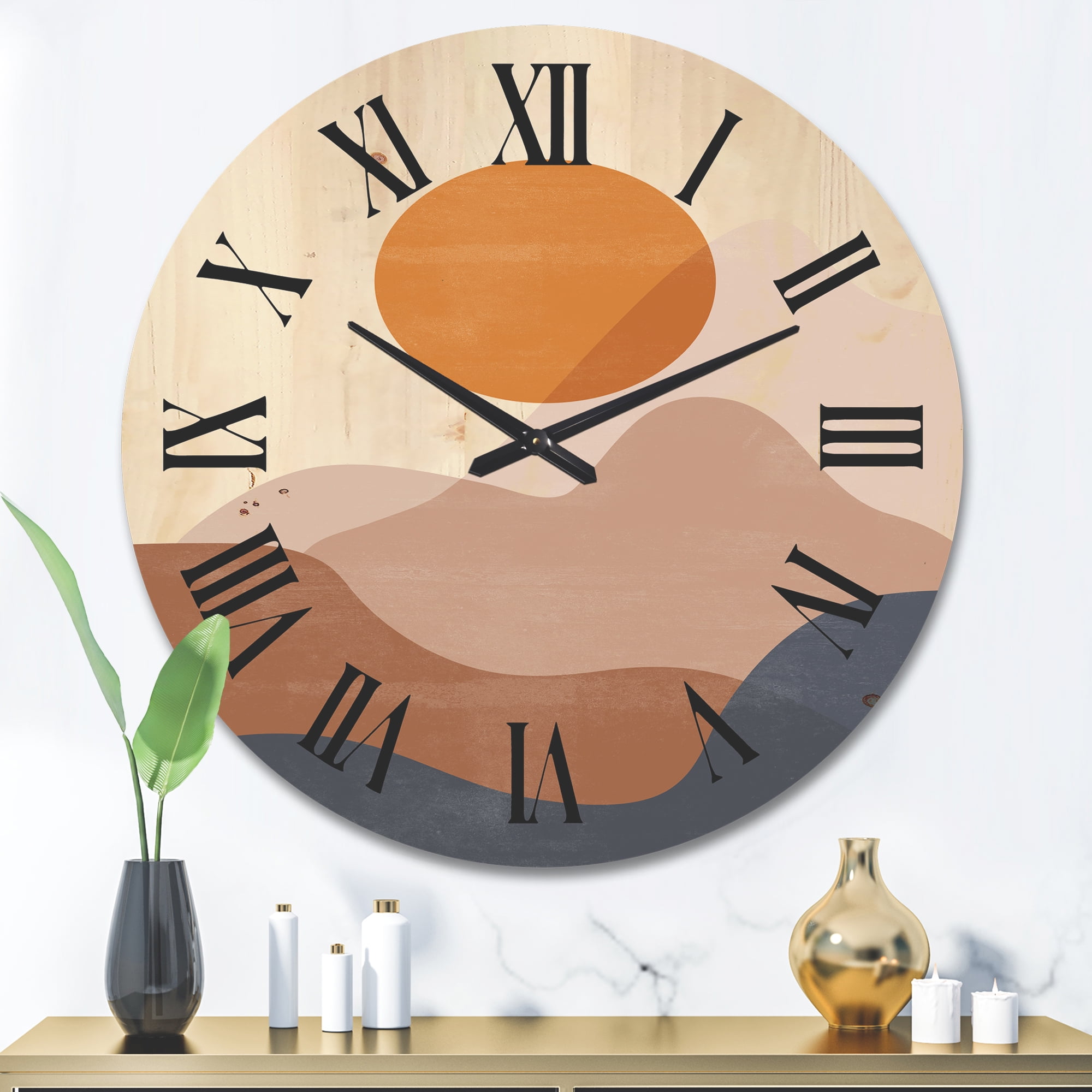 Designart 'Abstract Earth Toned Mountains With Red Moon II' Modern Wood Wall Clock