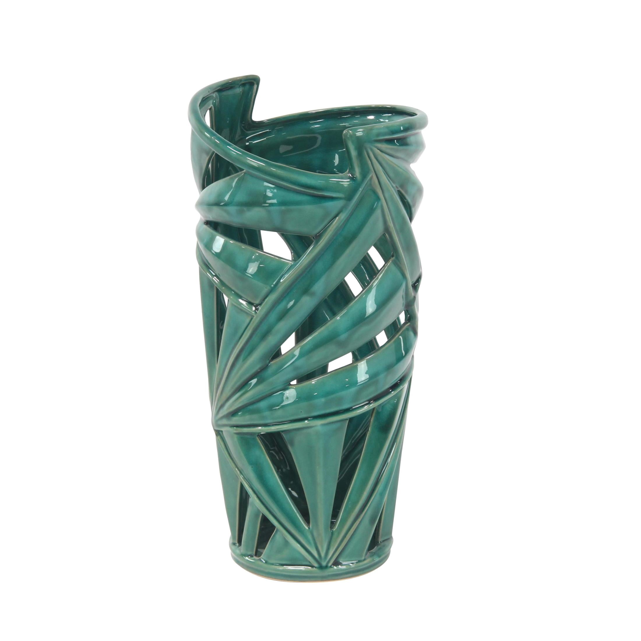 CosmoLiving by Cosmopolitan 16" Leaf Green Ceramic Vase with Cut Out Deign