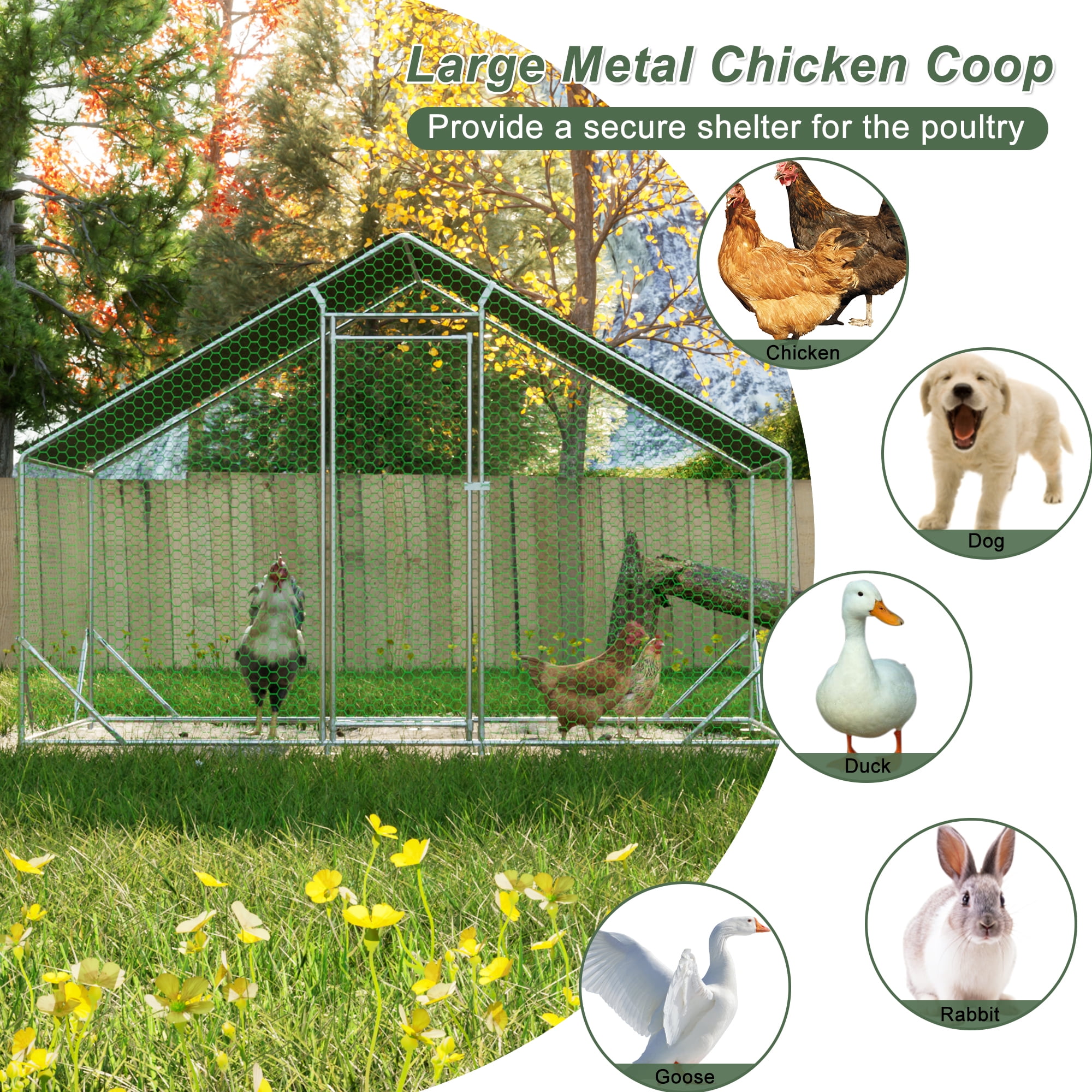 Large Walk-in Metal Chicken Coop 10'×6.6'×6.56', Galvanized Wire Poultry Run Cage with Waterproof Anti-UV Cover for Chickens Ducks Rabbits Outdoor Backyard Farm