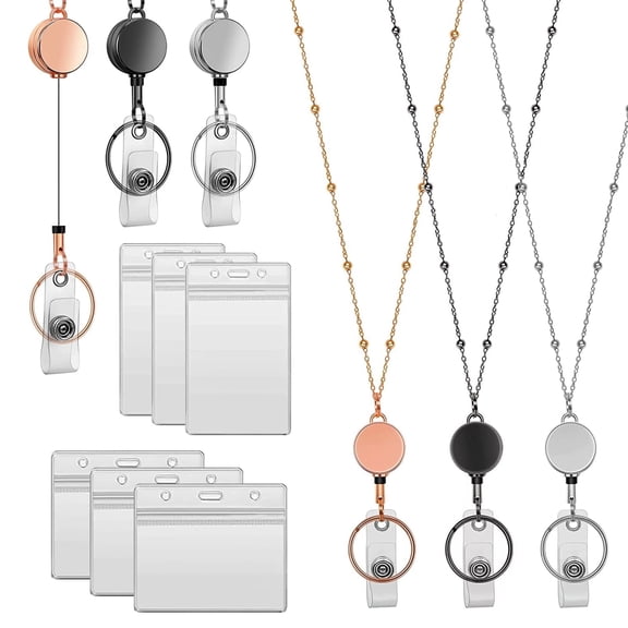 CCOCC 3 Pcs Retractable Badge Reel Lanyard with ID Holder, Beaded Lanyard Necklace, Transparent Card Holder Keychain Stainless Steel, for Teacher Students Nurses