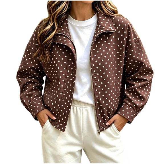 Fewfanhot Womens Fall Tops Polka Dot Cropped Jacket Full Zip with Pockets Lightweight Relaxed Fit Spring and Fall