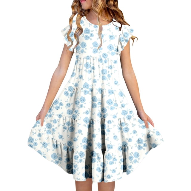 MIASHUI Robe d'Été Florale pour Filles avec Manches à Volants Tenue de Jeu Décontractée Confortable Extérieure Blanche, 10-11 Ans
