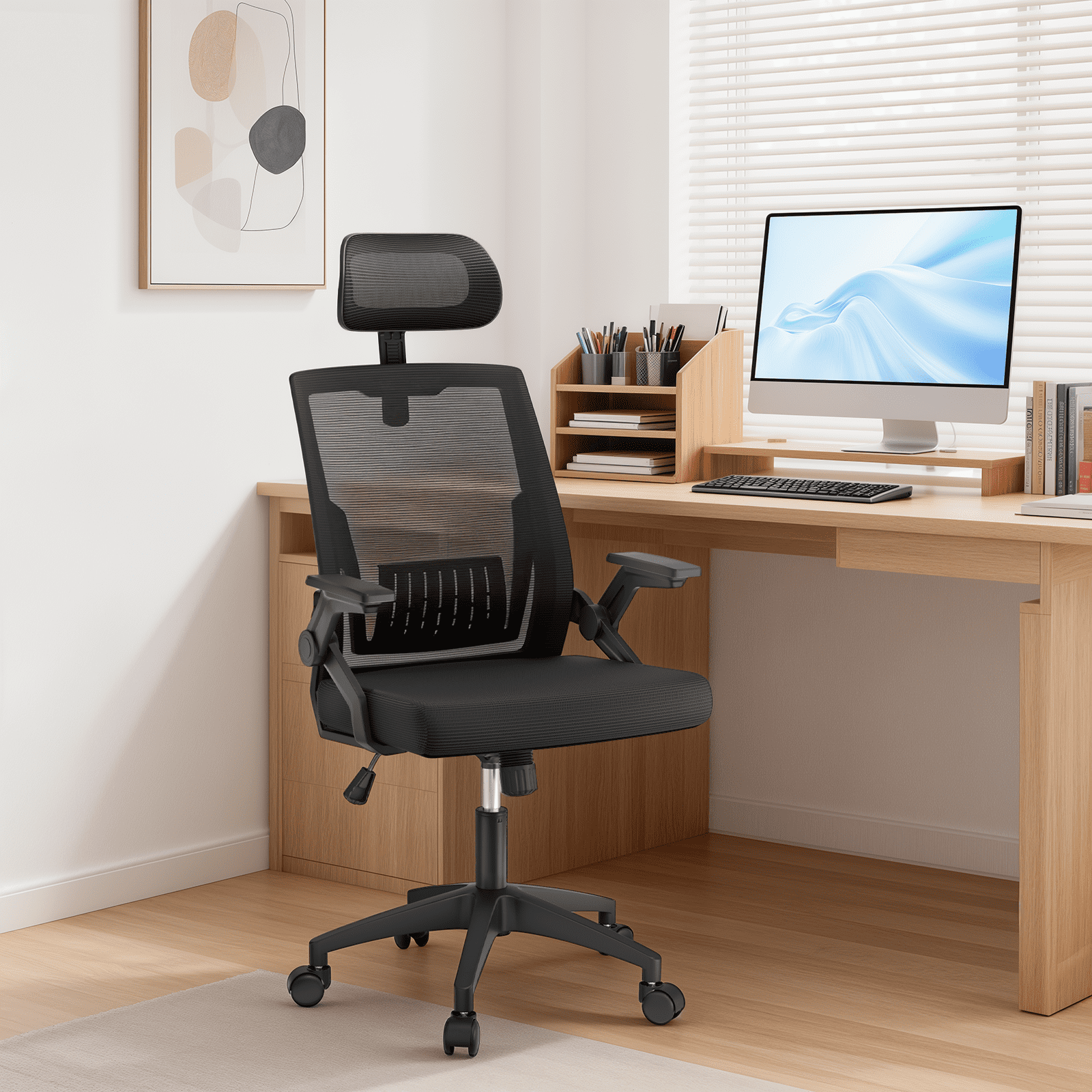 Monibloom Ergonomic Office Chair with Headrest, Flip-Up Adjustable Armrest, 135° Reclining Tilt Lock, Thick Cushion Mesh Back, Home Desk Chair