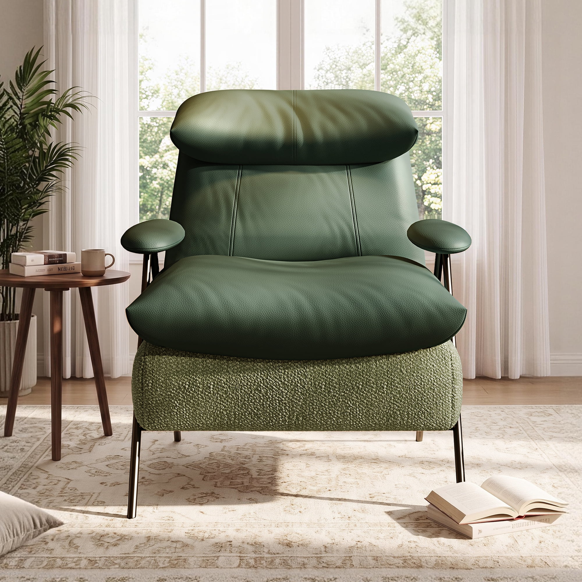 Aukfa PU Accent Chair, Modern Upholstered Armchair with Thick Padded Seat and Back for Living Room & Bedroom, Green