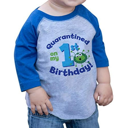 

7 ate 9 Apparel Kids I Turned One in Quarantine Germ Blue Raglan